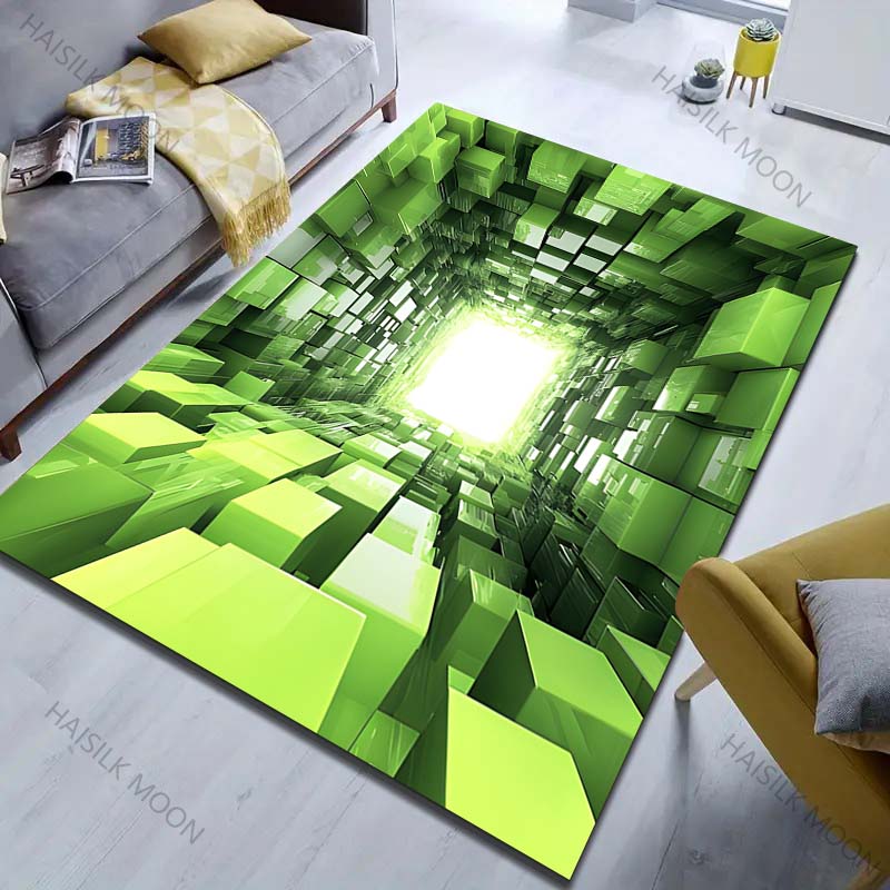 Tappeto 3D Stampa Spazio Cubo Verde per Soggiorno Camera da Letto Bordo Letto Tavolino Tappetino Pavimento Decorazione Tappeto Area Casa Grande Dimensione