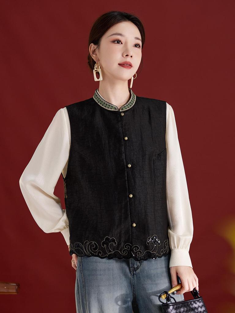 Verdant Shadows Tortoiseshell Sleeveless Vest: Heavyweight Mulberry Silk Xiangyun Yarn with Embroidery