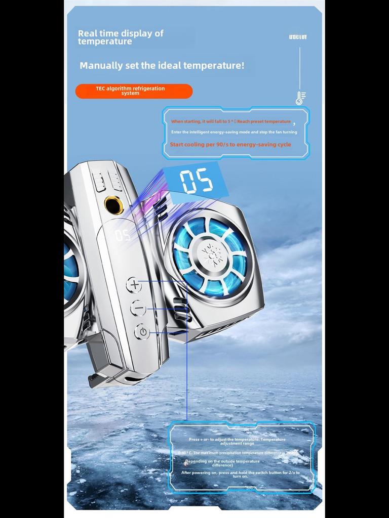 Cooler inteligent pentru telefon cu ventilator dublu, cu lumini colorate și afișaj digital