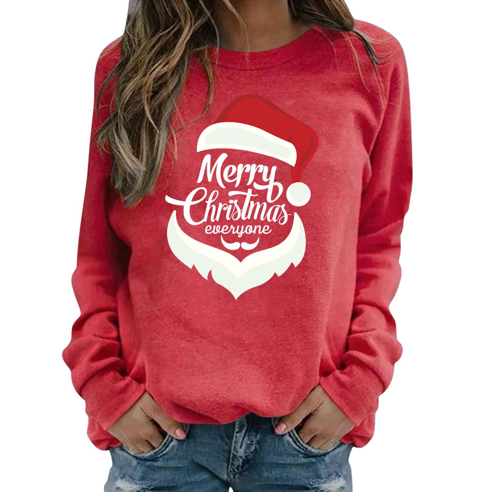 

Толстовка с круглым вырезом и рождественским принтом, женская осенне-зимняя свободная повседневная футболка с длинными рукавами, женский пуловер большого размера XXL красный