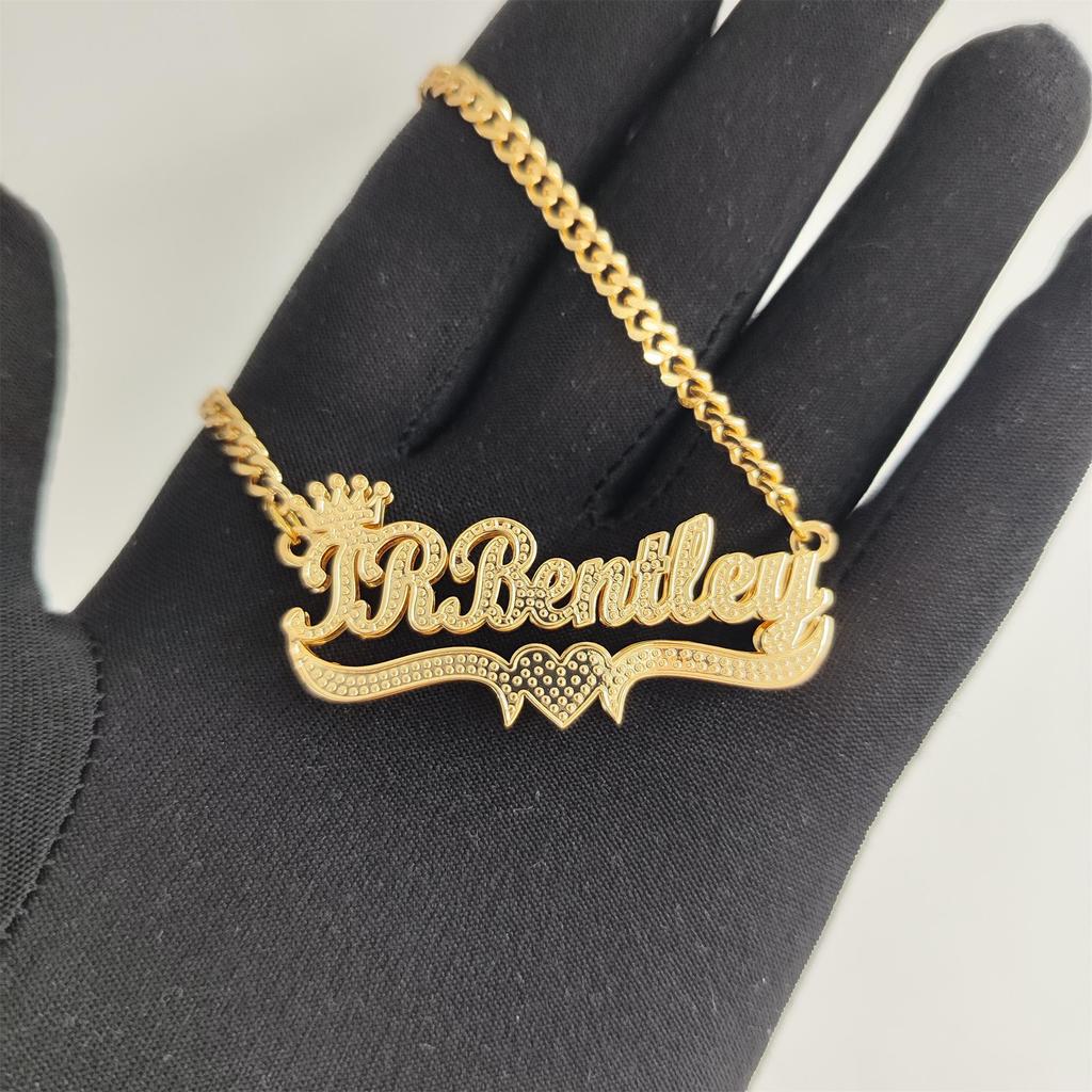 Custom Stainless Steel Punk Double Plate Two Tone Heart Name Necklace with Link Chain Gift for Her
