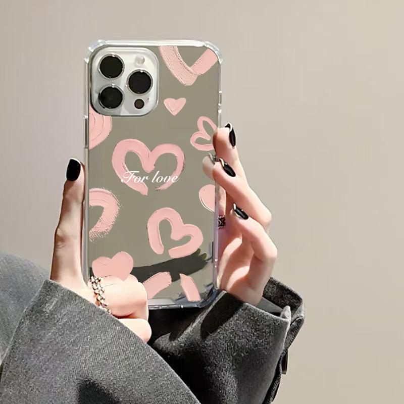 Cute Mirror Face Love Heart Pattern Phone Case For iPhone 16 15 14 13 12 11 Pro Max XS X XR 7 8 Plus Shockproof Girl Back Cover