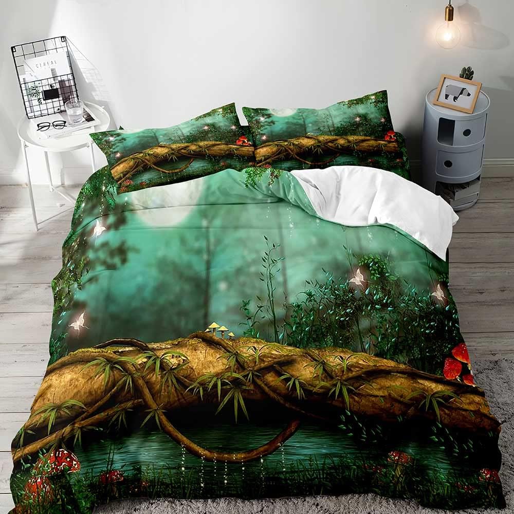 Olive Green Queen King Size Duvet Cover Set Boys Girls Kids Bedding Magic Forest Wonderland Plants Fungi Mushrooms  3 Piece Set