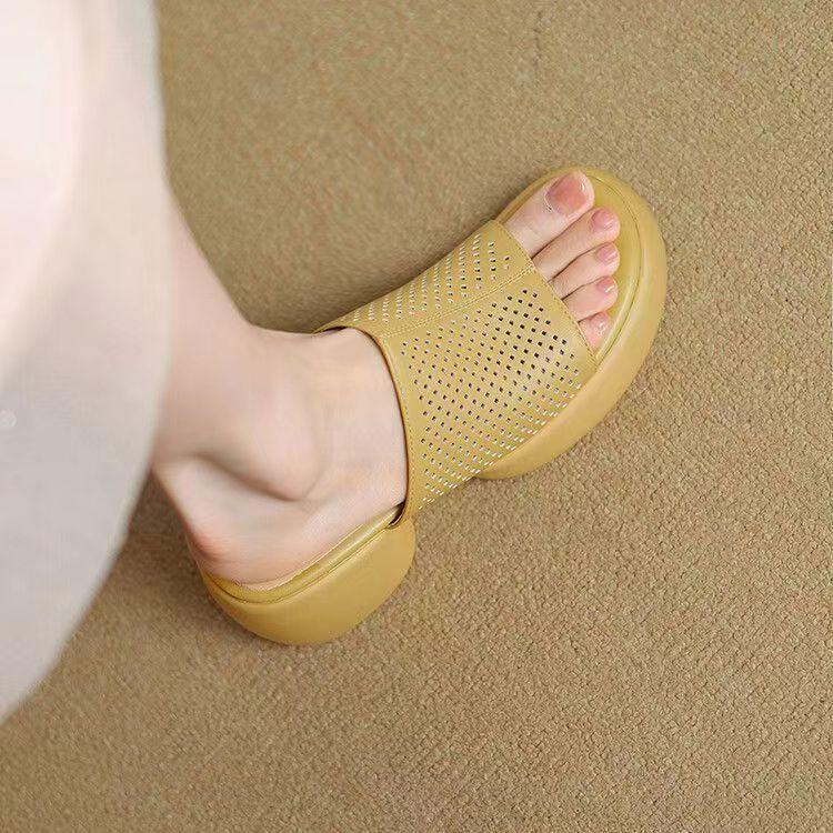 

-- Мягкие классные тапочки для женщин 2025 лето наступающие на дерьмо для женщин ленивые тапочки на толстой подошве с круглым носком и открытым носком 40 жёлтый