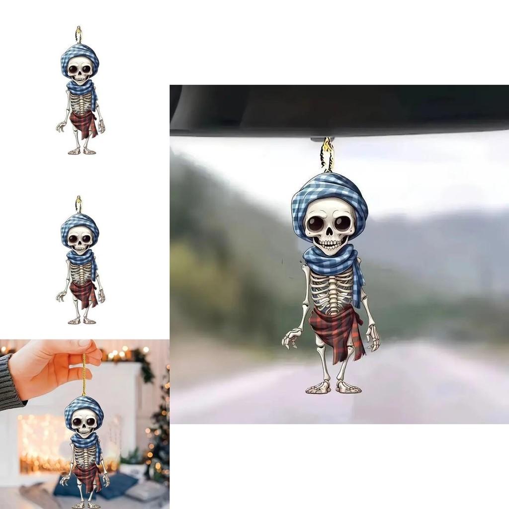 Acrylic Skull Car Pendant With Checkered Scarf Design For Halloween Decor