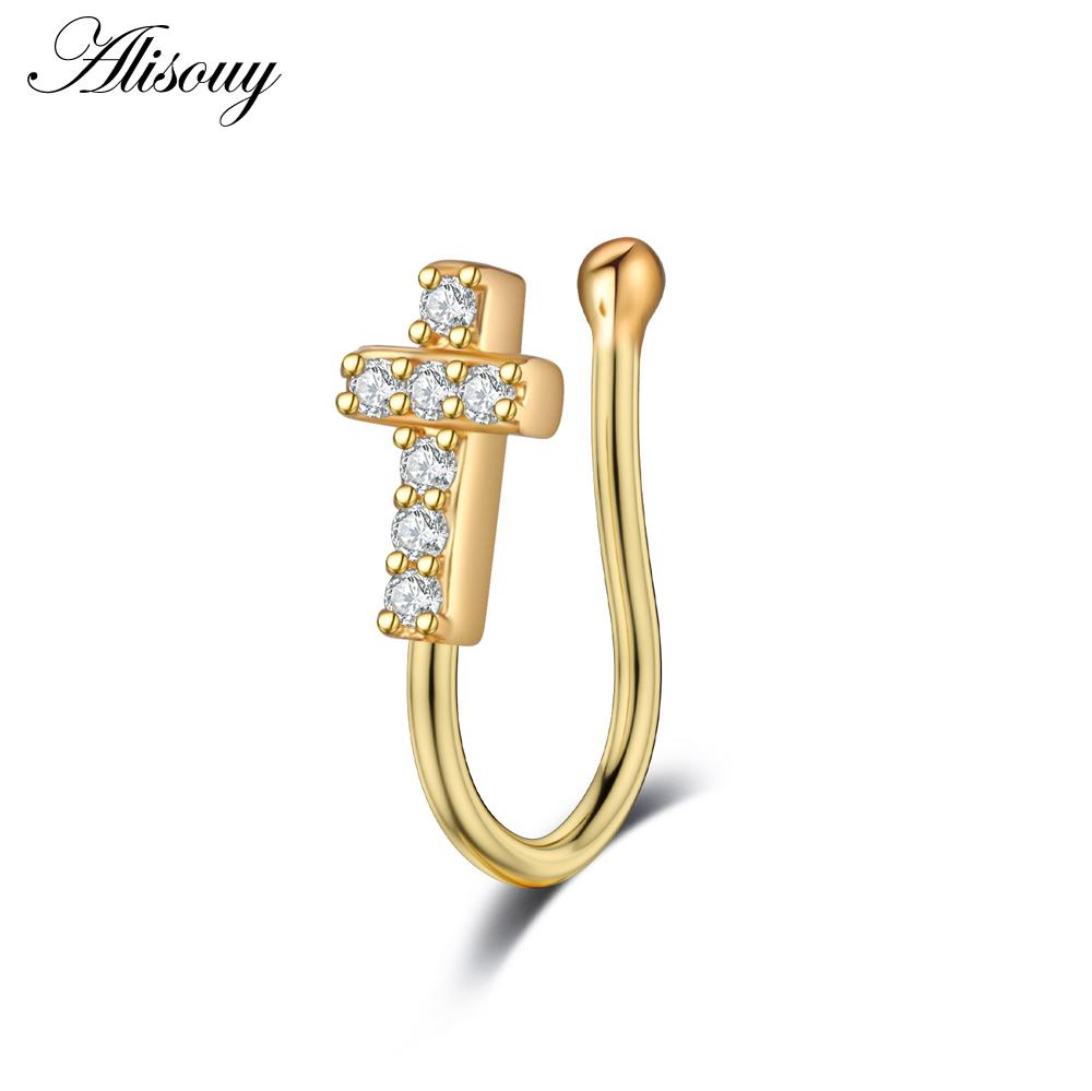 Alisouy 1pc Zirconia Fake Piercing Clip Nose Ring Body Jewelry for Women Ear Cuffs Heart Cross Star Leaf Flowers Clip Nose Rings
