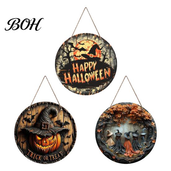 Vintage Style Holiday Sign Halloween Witch Hanging Sign, 8" Round Wooden Door Autumn Forest Porch Wall Witches Rustic for Home Front Decoration