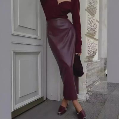 Autumn 2024 High-Waist Sexy Leather Skirt with Slit