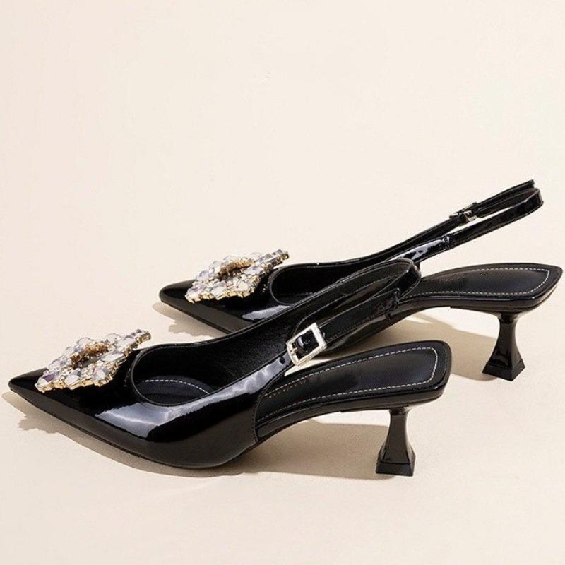 Fashion Pointed Toe Shallow Mouth Stiletto High Heel Shoes Women's Xia New One-word Baotou Sandals with Rhinestone Buckle