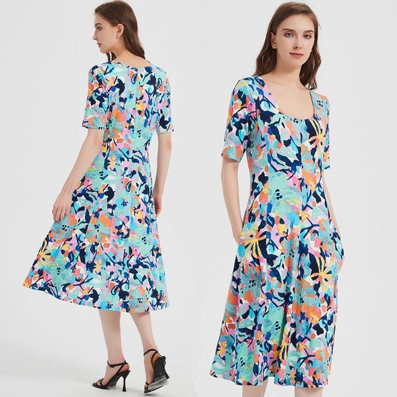 

Дерево Тенсел Половина Рукава Полная Девушка Карман Европейский и Американский Стиль Платье Tropical colorful Print S