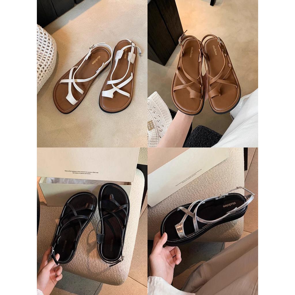 Sheepskin Version~ Grape Mother Same Leather Sandals Women's Summer Flat-bottomed Versatile Set Toe Crossed with Beach Roman Shoes