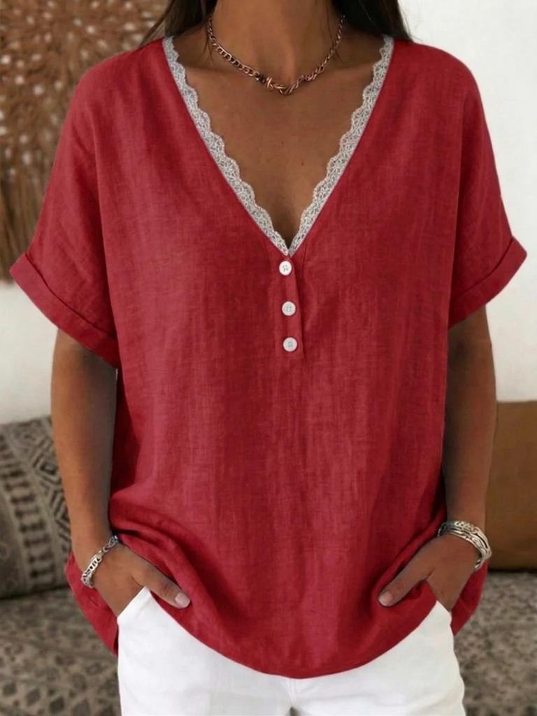 Women V Neck Short Sleeve Blouse with Lace Trim Solid Color Casual Loose Fit Summer Top