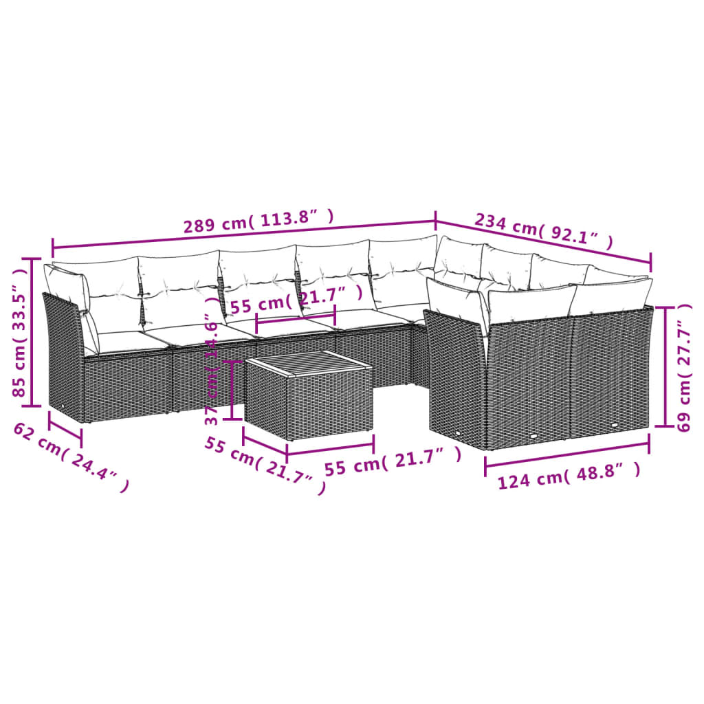 Vidaxl 10-Cz. Garden Lounge Set, Cushions Black Rattan Pe