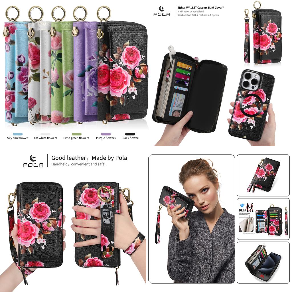 Integrated Phone Case Wallet and Case with Floral Design, Suitable for iPhone15, 15Pro, 15Pro Max, iPhone16, 16Pro, 16Pro Max