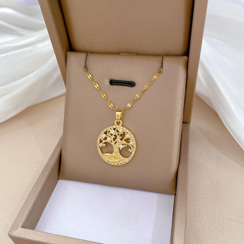 Tree Of Life Light Luxury Temperament Gorgeous Full Diamond Necklace Female Versatile Clavicle Chain Titanium Steel Chain