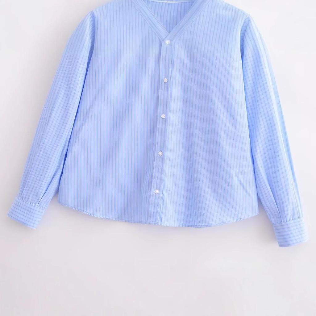 Spring 2025 Women's European-American Striped Poplin Long Sleeve Shirt with Turn-Down Collar