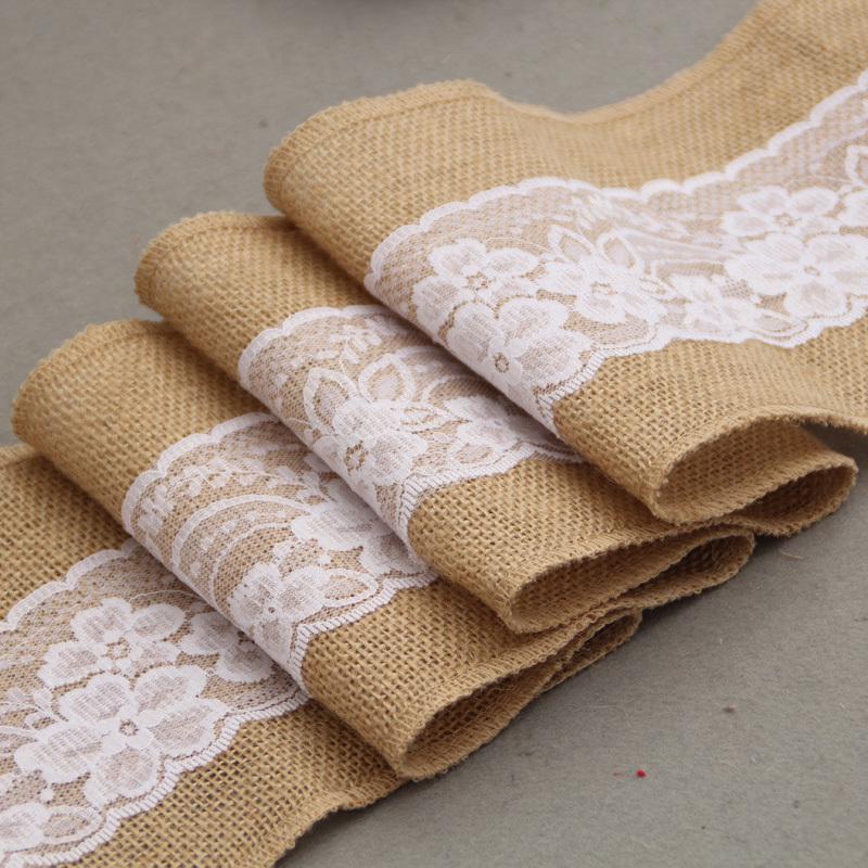 15*240 CM Vintage Jute Burlaps with White Lace Roll Craft Ribbon for Wedding Decoration In Table