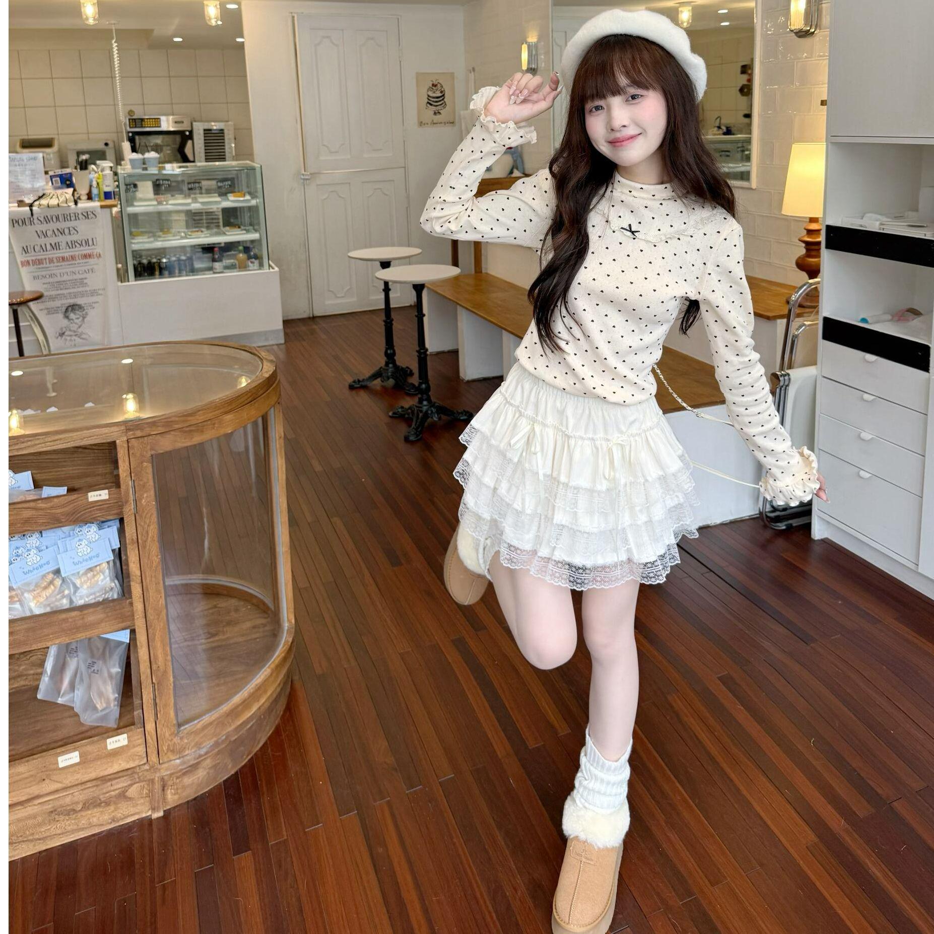 American Heart Polka Dot Long Sleeve Lace Trim Turtleneck Women s Slimming Top L грязно-белый