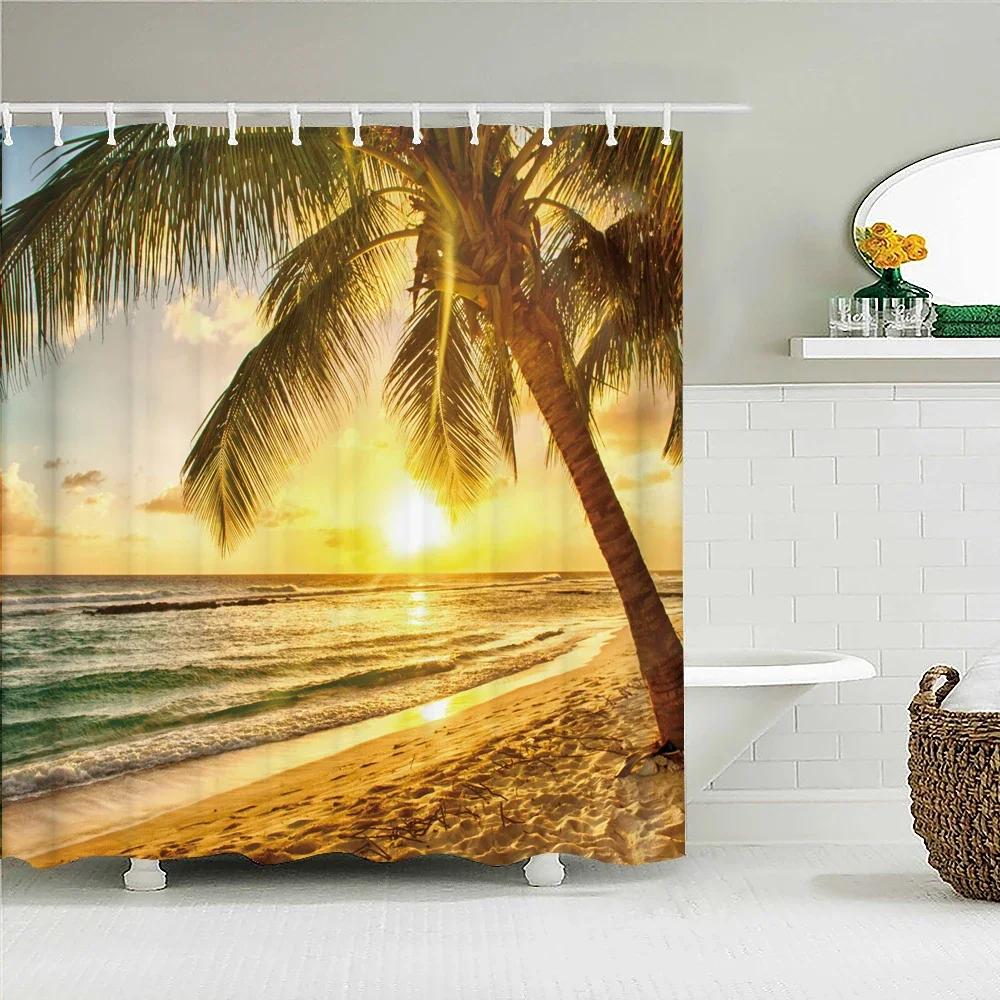 Sunlight Ocean Beach Fabric Shower Curtain Bathroom Curtains Sunset Dusk Sea Animal Dolphin Bath Screen with 12 Hooks 300x180