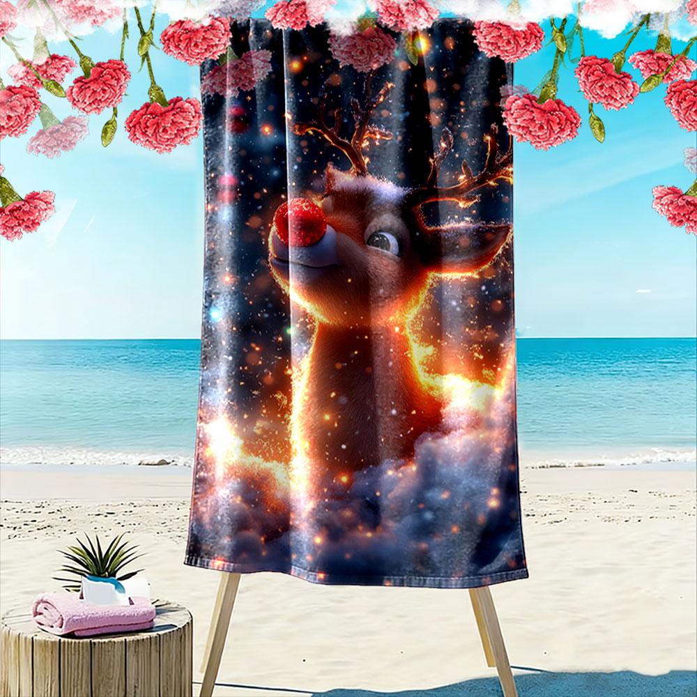 Glowing reindeer winter magic Print beach towel, quick drying, suitable for travel, outdoor sports, jogging, the beach and swimming, gift