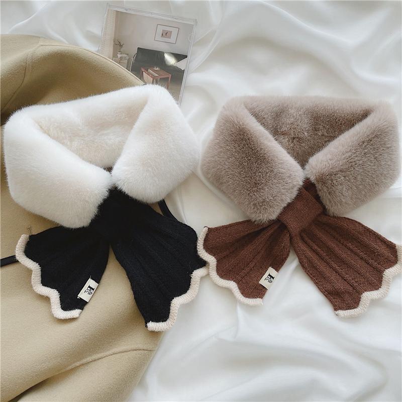 Winter Plush Scarf Woman Thick Fish Tail Wool Knit Cross Fur Collar Outdoor Cycling Neck Protect Cervical Spine Warm Scarve