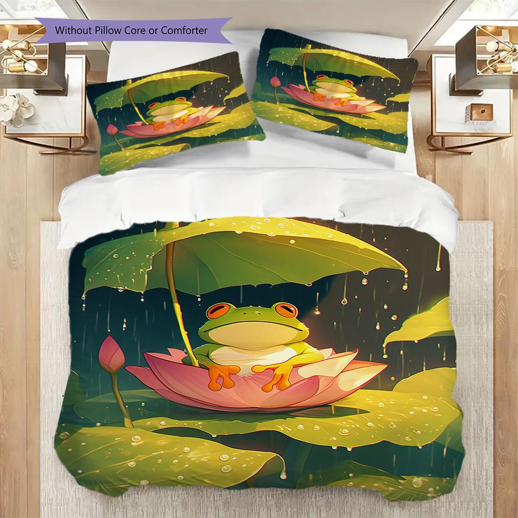 Frog Pattern Bedding Quilt Set Quilt Cover Pillowcase Home Decoration Birthday Gift (1 * Duvet Cover + 2 * Pillowcase, Without Core)