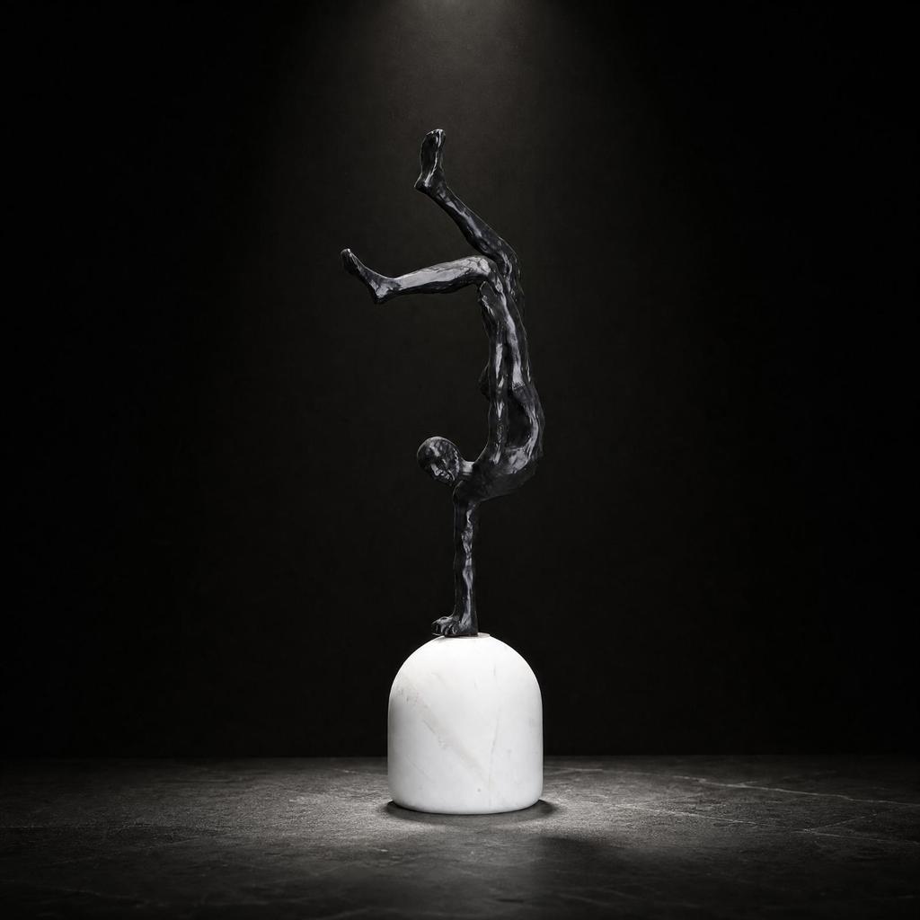 Inverted Pose Human Sculpture Metal Finish with White Pedestal