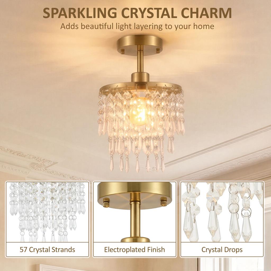 Crystal Ceiling Light with 57 Crystal Strands, Ceiling Light with Mounting Plate for Hallway, Gold Tone