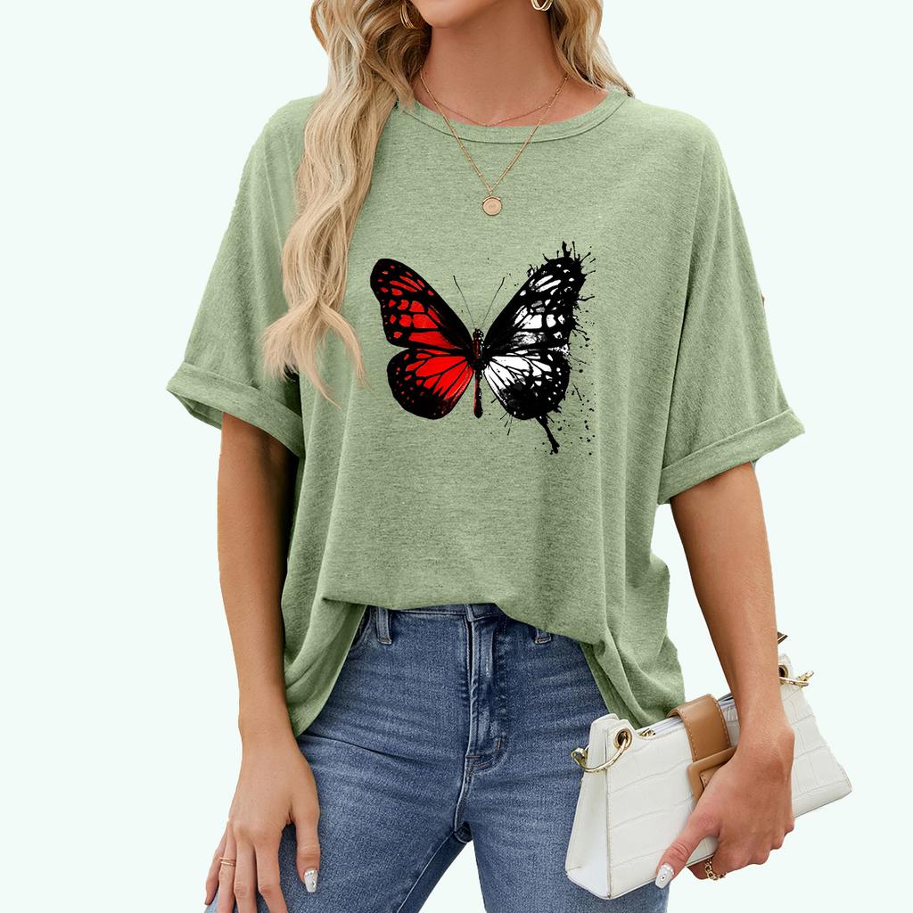 Camiseta de talla grande con estampado de moda para mujer, camiseta informal de manga corta con cuello redondo, jersey de verano, camiseta holgada