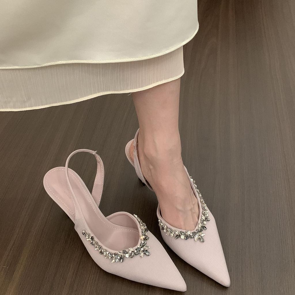 French niche pointed high heels black bag head sandals fairy shoes 2025 spring and summer temperament rhinestone single shoes
