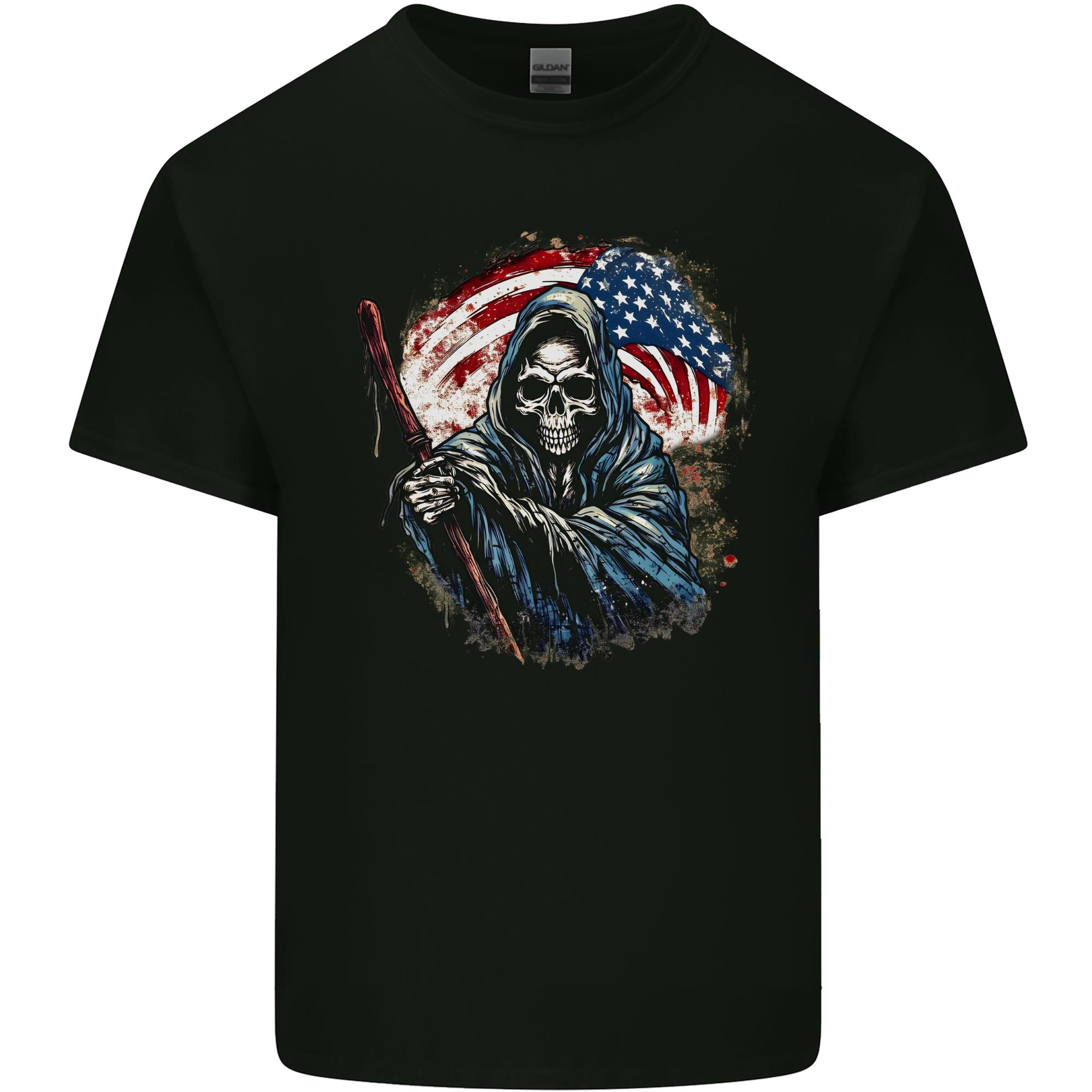 Grim Reaper USA Flag America Skull Unisexs Light Cotton TShirt S