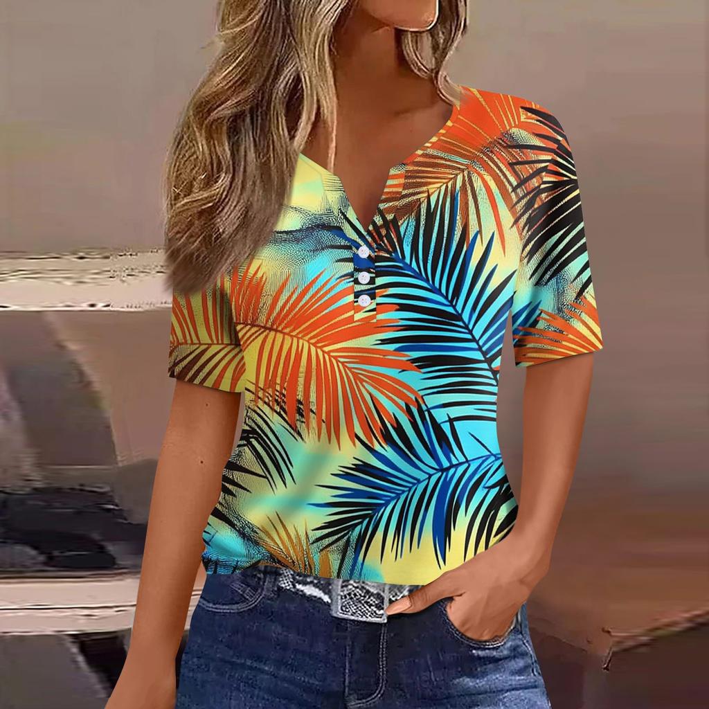 Women's T Shirt Print Button Short Sleeve Daily Weekend Fashion Basic V- Neck Regular Top
