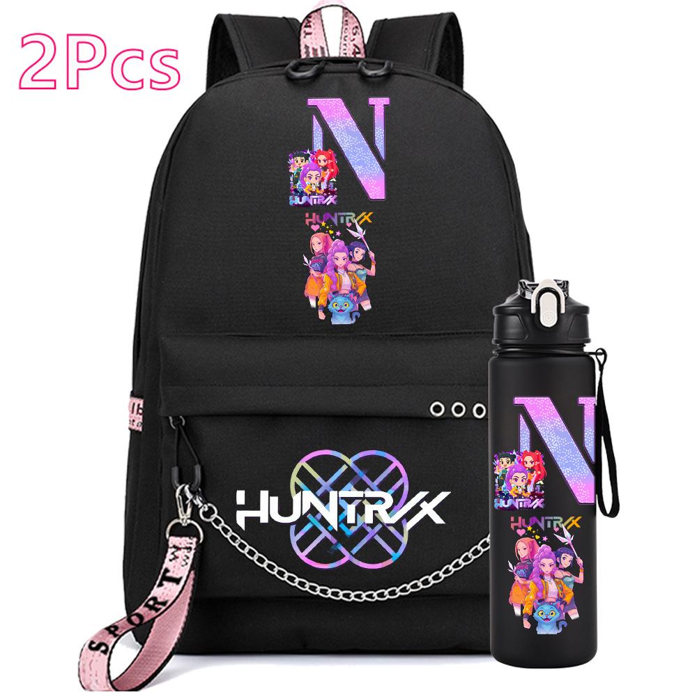 2 st/set Anime Engelsk Bokstav A-Z Tryckt Ryggsäck 750ml Vattenflaska för Student Flicka Pojke Bokväska Resväska Barnpresent