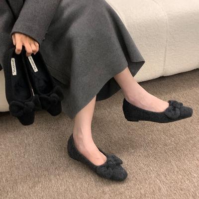 Inner Height-increasing Fluffy Shoes Autumn and Winter New Warm and Plush Big Bow Shallow Mouth Single Shoes Versatile