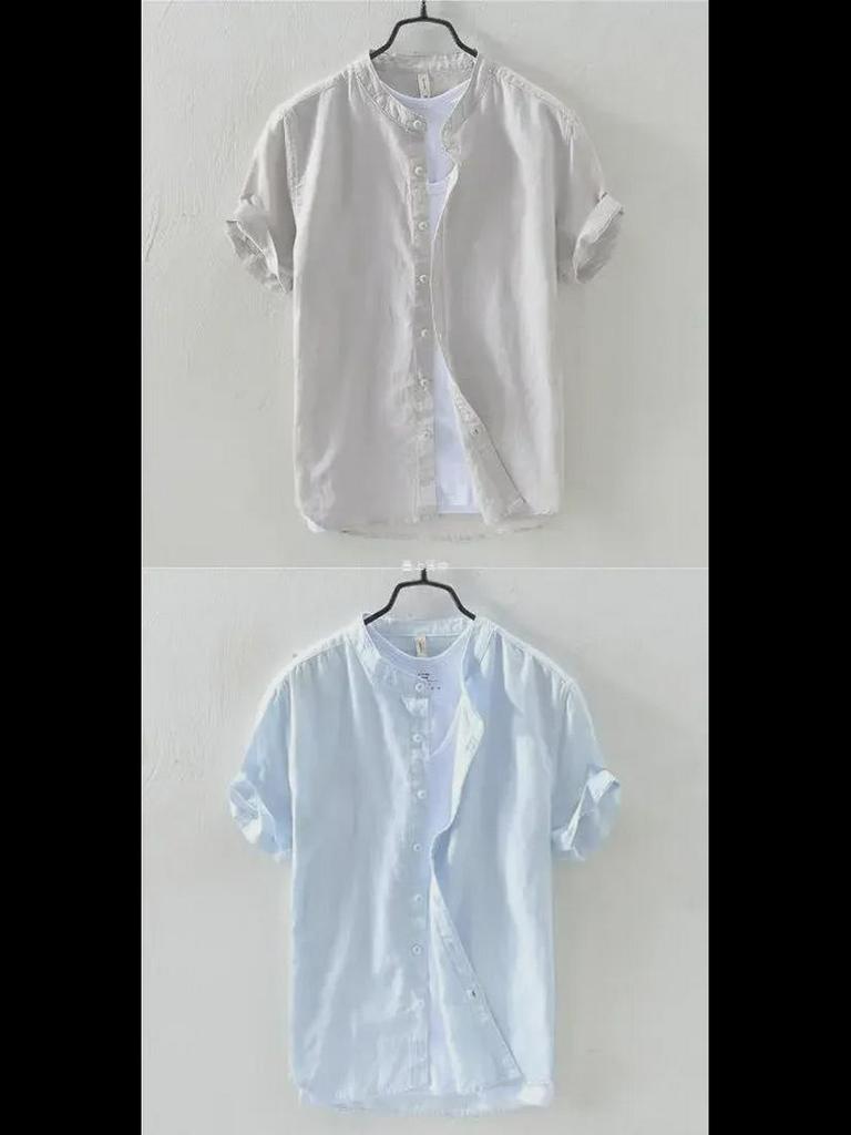 Men's Summer Casual Cotton-Linen Short Sleeve Stand Collar Shirt - Dark Blue Retro Chinese Style