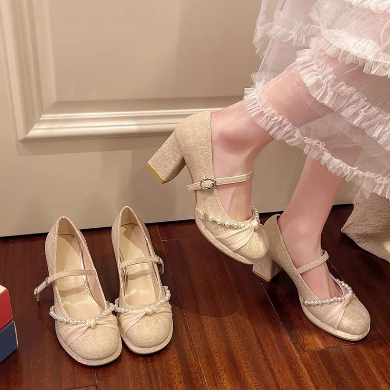 Pearlescent high heels women's summer shoes thick heel elegant bridesmaid dress skirt Mary Jane women's shoes