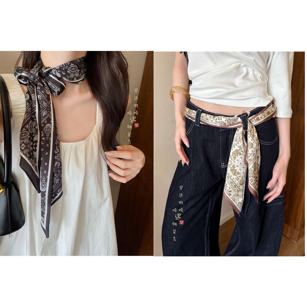 Cashmere Floral Silk Scarf: Women's Summer Thin Retro Ribbon, Neck Tie & Waist Accessory