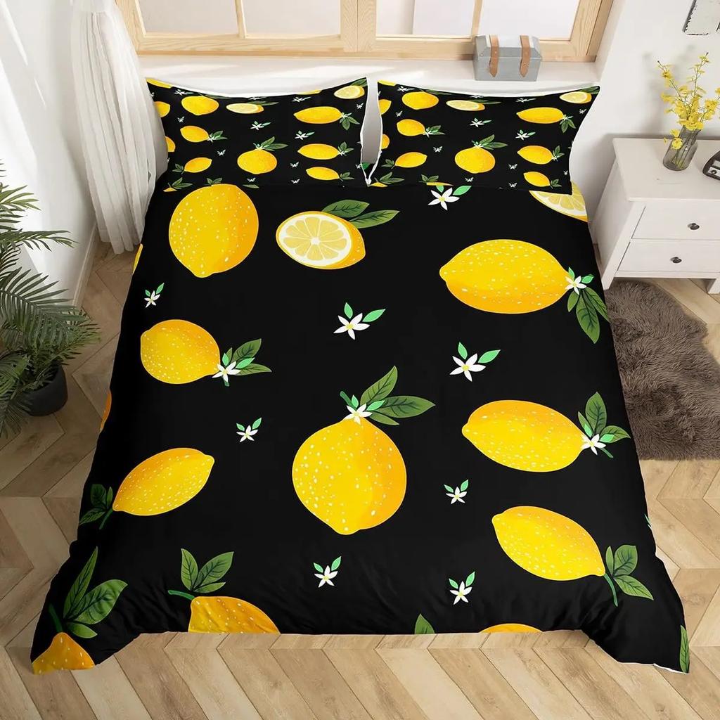 Lemon Duvet Cover Queen King Size For Girls Teens 3 Pcs Summer Cool Style Fruits Lemon Print Bedding Set, Leaves Comforter Cover