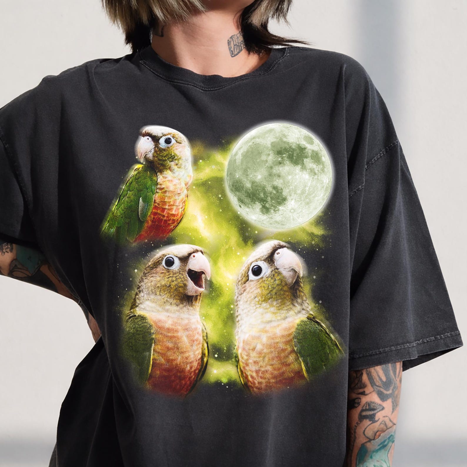 Three Pineapple Conure Moon Shirt, Parrot Lover Galaxy Graphic Top M