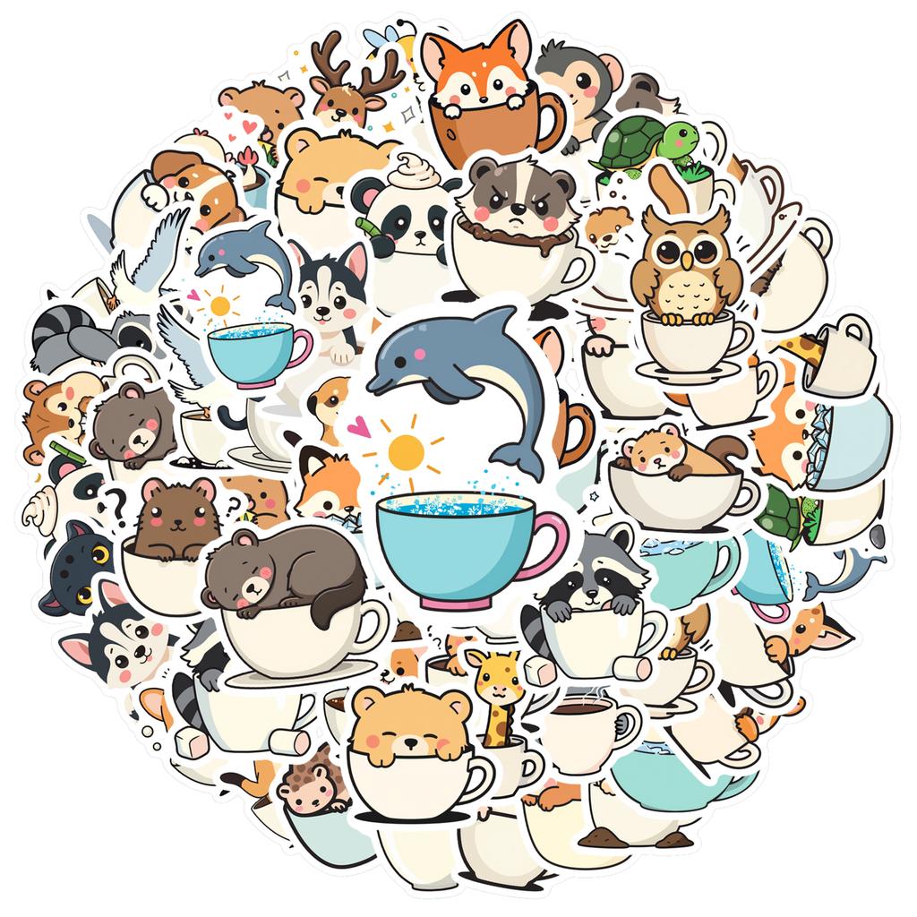 35-100pcs Animal Cup Sticker Album Scrapbooking Decoration Sticker Kawaii Stationery Teacher Reward Stickers Deco Luggage Laptop