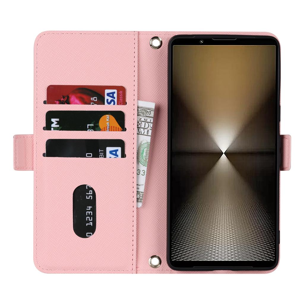For Sony Xperia 1 VI Stand Case Cross Texture PU Leather Wallet Phone Cover with Shoulder Strap/Makeup Mirror