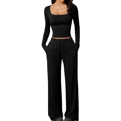 Women's Color Two Piece Outfit Square Neck Long Sleeve Top and Elastic Waist Pants with Pockets