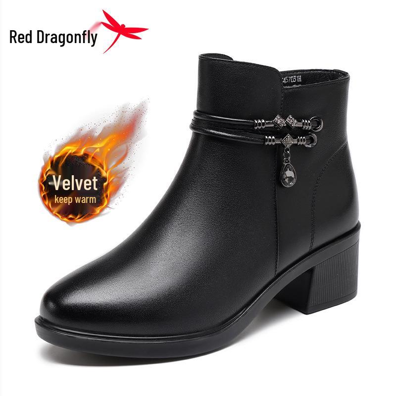 Red Dragonfly Women s High-Heeled Leather Winter Boots with Velvet Lining 35