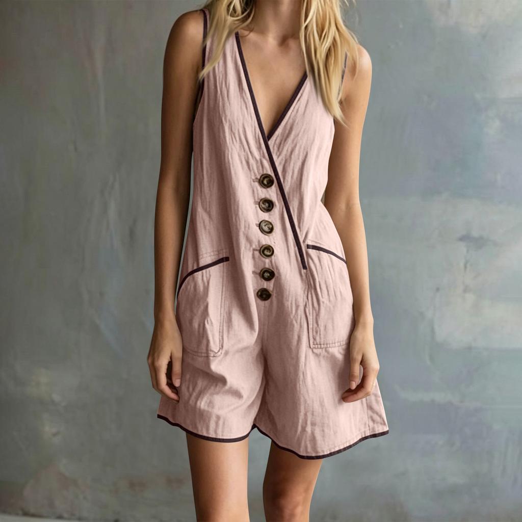 Women’s Sleeveless Linen Blend Loose Fit Vintage Overall Romper Button Front Casual One Piece Shorts Jumpsuit