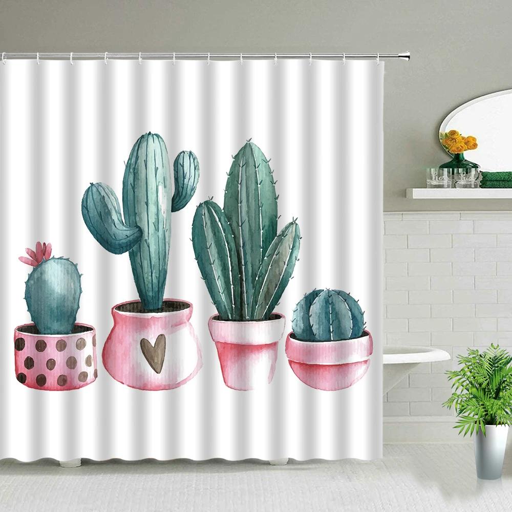 Hower Curtains of Textile Water Color Cactus Flower Tropical Plants Colorful Succulents Pattern Bathroom Shower Curtain Set
