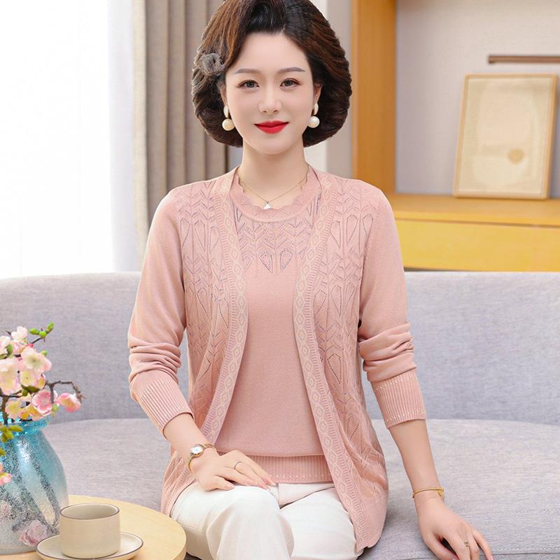 

Mom s Spring Knit Two-Piece Set: Short-Sleeved Top & Jacket for Middle-Aged and Elderly Women 5XL (150-165 lbs) розовый