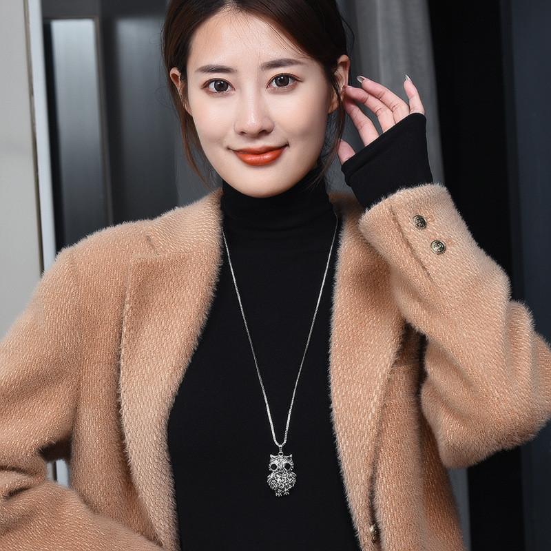 Fashionable Long Owl Pendant Sweater Necklace In Titanium Steel For Stylish Outfits