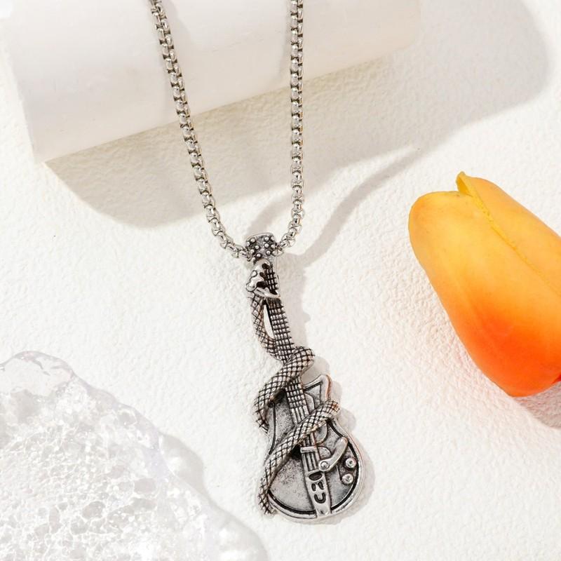 Vintage Gothic Guitar Snake Pendant Necklace Men’s Personalized Fashion Jewelry