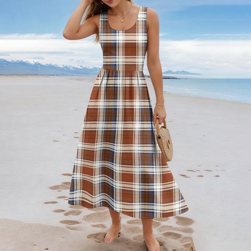 Ladies' Checkered Summer Casual and Fashionable Sleeveless Long Dress