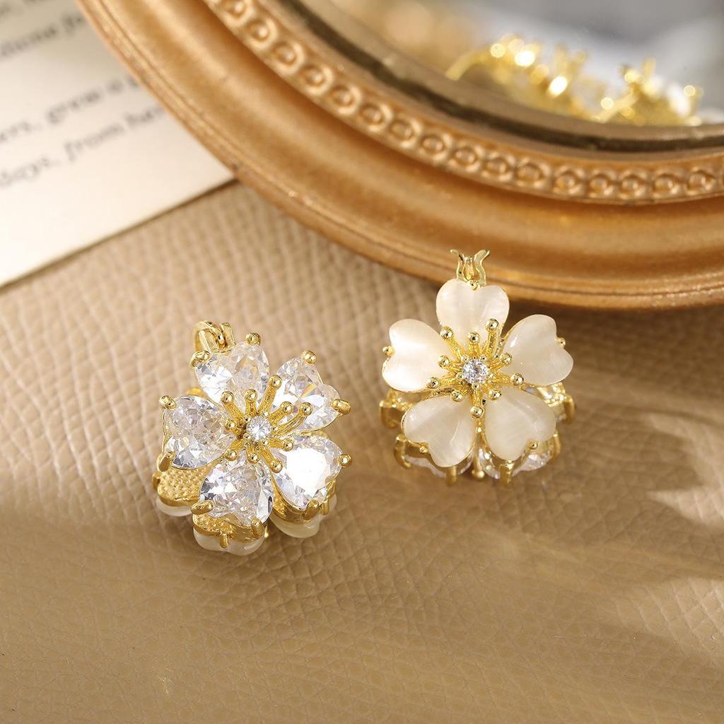 Trendy Double-Sided Flower Cat's Eye Earrings - Mori Style, Sweet & Versatile with a High-End Feel